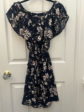 Lush Navy Off the Shoulder Floral Dress with Tie